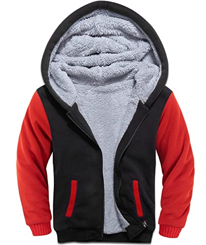 SwissWell Fleecejacke Kinder Jungen Winterjacke Fleece Gefüttert Warme Sweatjacke mit Reißverschluss y Kapuze Kapuzenjacke Kinderjacken, Schwarz Rot, M von SwissWell