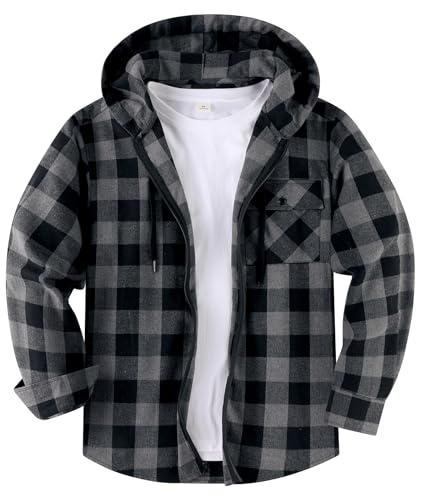 SwissWell Hemd mit Kapuze Herren Langarm Flanellhemd Karierte Holzfällerhemd Lässig Reißverschluss Hoodie Hemdjacke Frühling Herbst Arbeitshemd,D03 Dunkelgrau,XXL von SwissWell