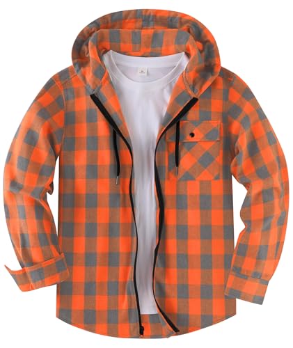 SwissWell Hemd mit Kapuze Herren Langarm Flanellhemd Karierte Holzfällerhemd Lässig Reißverschluss Hoodie Hemdjacke Frühling Herbst Arbeitshemd,D09 Orange,XXL von SwissWell