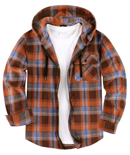SwissWell Hemd mit Kapuze Herren Langarm Flanellhemd Karierte Holzfällerhemd Lässig Reißverschluss Hoodie Hemdjacke Frühling Herbst Arbeitshemd,D123 Orange Blau,L von SwissWell