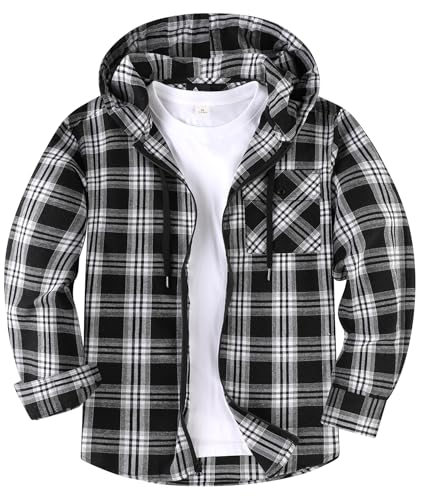 SwissWell Hemd mit Kapuze Herren Langarm Flanellhemd Karierte Holzfällerhemd Lässig Reißverschluss Hoodie Hemdjacke Frühling Herbst Arbeitshemd,D124 Schwarz Weiß,M von SwissWell