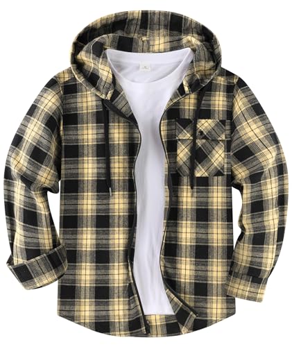 SwissWell Hemd mit Kapuze Herren Langarm Flanellhemd Karierte Holzfällerhemd Lässig Reißverschluss Hoodie Hemdjacke Frühling Herbst Arbeitshemd,D125 Schwarz Beige,XL von SwissWell