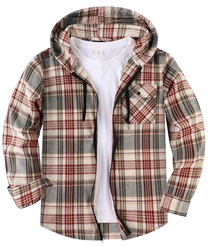 SwissWell Hemd mit Kapuze Herren Langarm Flanellhemd Karierte Holzfällerhemd Lässig Reißverschluss Hoodie Hemdjacke Frühling Herbst Arbeitshemd,D132 Weinrot Beige,3XL von SwissWell