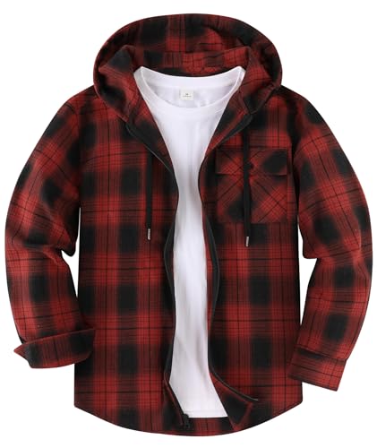 SwissWell Hemd mit Kapuze Herren Langarm Flanellhemd Karierte Holzfällerhemd Lässig Reißverschluss Hoodie Hemdjacke Frühling Herbst Arbeitshemd,D35 Schwarz Rot,3XL von SwissWell