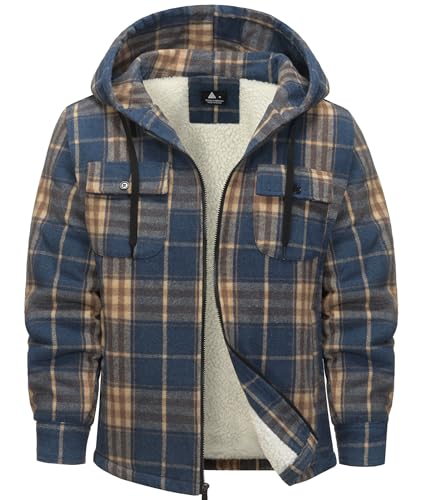 SwissWell Herren Hemdjacke Verdicken Kariertes mit Zipper Flanelljacke Plüschfutter Freizeit Gefüttert Holzfällerhemd Männer Winter Hemd Fleece Hoodie Winterjacke mit Taschen(Blau Orange, 2XL) von SwissWell