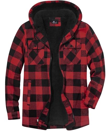 SwissWell Herren Hemdjacke Verdicken Karierts mit Reißverschluss Flanelljacke Plüschfutter Freizeit Gefüttert Kapuzenpullover Männer Winter Hemd Fleece Hoodie Winterjacke mit Taschen(Rot 2XL) von SwissWell