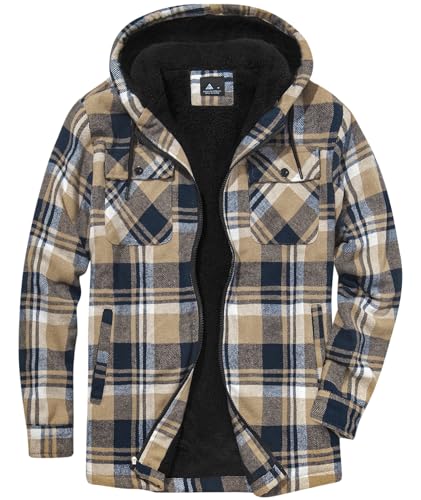 SwissWell Herren Hemdjacke Verdicken Kariertes mit Zipper Flanelljacke Plüschfutter Freizeit Gefüttert Holzfällerhemd Männer Winter Hemd Fleece Hoodie Winterjacke mit Brusttasche(Blau Khaki, M) von SwissWell