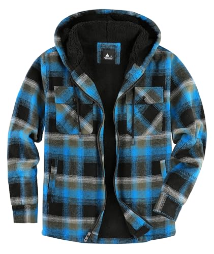 SwissWell Herren Hemdjacke Verdicken Kariertes mit Zipper Flanelljacke Plüschfutter Freizeit Gefüttert Holzfällerhemd Männer Winter Hemd Fleece Hoodie Winterjacke mit Brusttasche(Blau Schwarz, M) von SwissWell