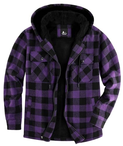 SwissWell Herren Hemdjacke Verdicken Kariertes mit Zipper Flanelljacke Plüschfutter Freizeit Gefüttert Holzfällerhemd Männer Winter Hemd Fleece Hoodie Winterjacke mit Brusttasche(Lila, M) von SwissWell