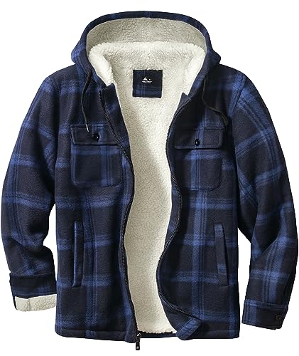 SwissWell Herren Hemdjacke Verdicken Kariertes mit Zipper Flanelljacke Plüschfutter Freizeit Gefüttert Holzfällerhemd Männer Winter Hemd Fleece Hoodie Winterjacke mit Brusttasche(Marineblau, 2XL) von SwissWell