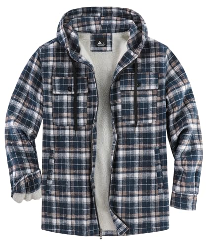 SwissWell Herren Hemdjacke Verdicken Kariertes mit Zipper Flanelljacke Plüschfutter Freizeit Gefüttert Holzfällerhemd Männer Winter Hemd Fleece Hoodie Winterjacke mit Brusttasche(Marineblau Weiß, L) von SwissWell