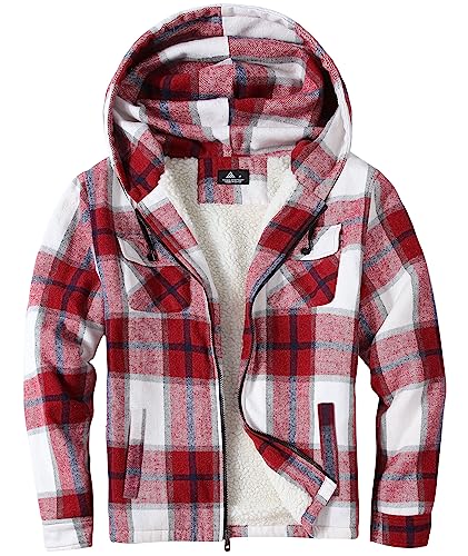 SwissWell Herren Hemdjacke Verdicken Kariertes mit Zipper Flanelljacke Plüschfutter Freizeit Gefüttert Holzfällerhemd Männer Winter Hemd Fleece Hoodie Winterjacke mit Brusttasche(Rot Weiß, L) von SwissWell