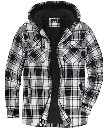 SwissWell Herren Hemdjacke Verdicken Karierts Reißverschluss Flanelljacke Plüschfutter Freizeit Gefüttert Holzfällerhemd Männer Winter Fleece Hoodie Winterjacke Brusttasche (L Schwarz Weiß) von SwissWell