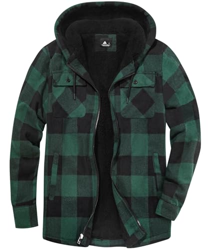 SwissWell Herren Hemdjacke Verdicken Karierts mit Reißverschluss Flanelljacke Plüschfutter Freizeit Gefüttert Kapuzenpullover Männer Winter Hemd Fleece Hoodie Winterjacke mit Taschen(Grün S) von SwissWell