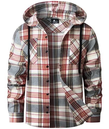 SwissWell Holzfällerhemd Herren Flanellhemd Kariertes Hemd mit Kapuze Langarm Holzfäller Jacke Outdoor Kapuzenhemd Männer Burgunderbeige XXL von SwissWell