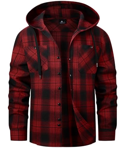 SwissWell Holzfällerhemd Herren Flanellhemd Kariertes Hemd mit Kapuze Langarm Holzfäller Jacke Outdoor Kapuzenhemd Männer Dunkelrot XXL von SwissWell