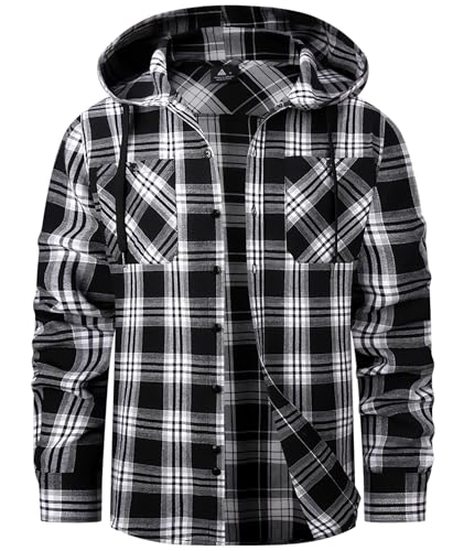 SwissWell Holzfällerhemd Herren Flanellhemd Kariertes Hemd mit Kapuze Langarm Holzfäller Jacke Outdoor Kapuzenhemd Männer Dunkelschwarz-Weiß L von SwissWell