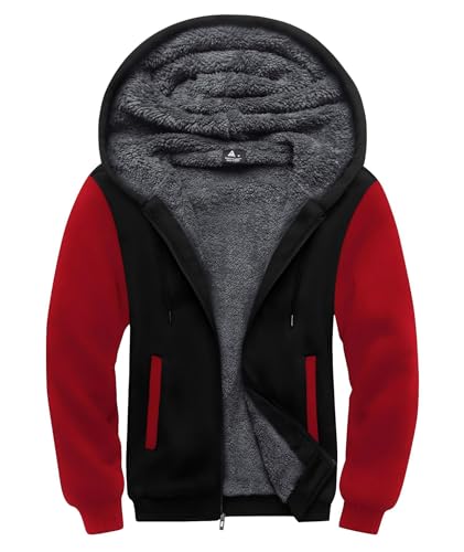 SwissWell Sweatjacke Herren mit Kapuze Zip Hoodie Gefüttert Fleecejacke Winter Outdoor Kapuzenjacke Pullover Schwarz Rot XL von SwissWell