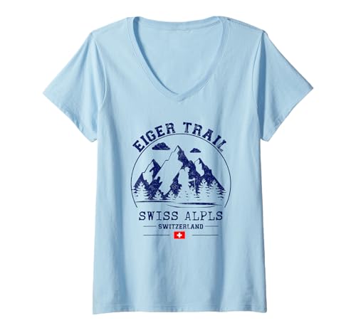 Damen Eiger Trail Schweizer Alpen Trekking Schweiz Flagge Wandern T-Shirt mit V-Ausschnitt Damen Eiger Trail Schweizer Alpen Trekking Schweiz Flagge Wandern T-Shirt mit V-Ausschnitt von Switzerland Backpacking Enthusiast Eiger Trail