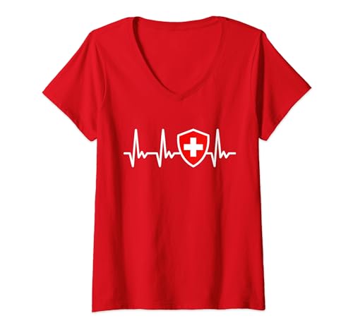 Damen Schweiz Flagge 2024 Herzschlag Schweizer Nationalfeiertag T-Shirt mit V-Ausschnitt Damen Schweiz Flagge 2024 Herzschlag Schweizer Nationalfeiertag T-Shirt mit V-Ausschnitt von Switzerland Day 2024 Tees Co.