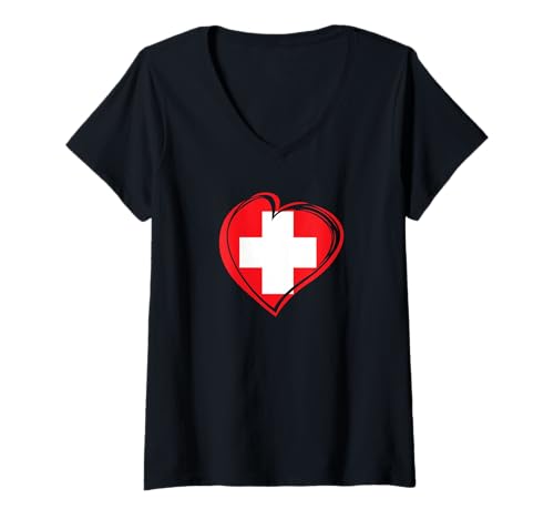 Damen Schweiz Flagge Schweizer Alpen Urlaub Zürich Luzern Wandern T-Shirt mit V-Ausschnitt Damen Schweiz Flagge Schweizer Alpen Urlaub Zürich Luzern Wandern T-Shirt mit V-Ausschnitt von Switzerland Flag Swiss Heart Tee