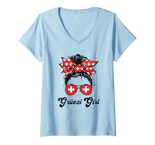 Damen Grüezi Mädchen Schweiz Flagge Messy Bun Schweiz Frau T-Shirt mit V-Ausschnitt von Switzerland Flag Swiss Roots Schweiz Country