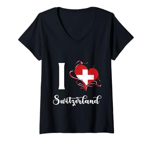 Damen Ich Liebe die Schweiz Heart Schweiz Pride Roots Schweiz Proud T-Shirt mit V-Ausschnitt von Switzerland Flag Swiss Roots Schweiz Country