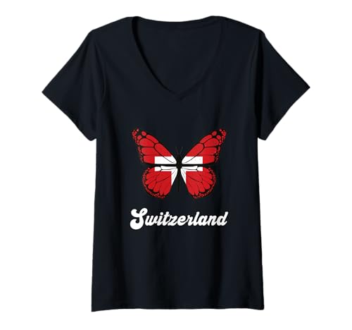 Damen Schweiz Schmetterling Stolz Schweiz Flagge Stolz Schweiz Wurzeln T-Shirt mit V-Ausschnitt von Switzerland Flag Swiss Roots Schweiz Country