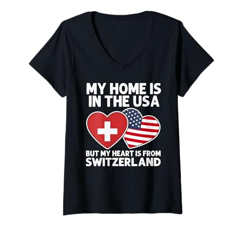 Damen My Home USA My Heart Switzerland Swiss American Pride Flagge T-Shirt mit V-Ausschnitt von Switzerland Pride Flag Apparel
