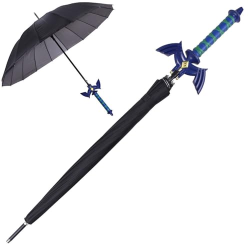 Swords and more Link’s Blaues Master-Schwert Regenschirm mit Holzgriff & Metall-Parierstange, automatischer Regenschutz im Game Design, ideal für Fans, Cosplay & Sammler von Swords and more