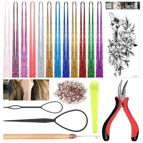 Swpeet 218Pcs Haar Tinsel Kit mit 12 Farben 2760 Stränge Haar Tinsel Silikon gefüttert Micro Ring Häkelnadel Pinzette Clip Tattoo Aufkleber Haar Schwanz Werkzeuge für Weihnachten Neujahr Halloween von Swpeet