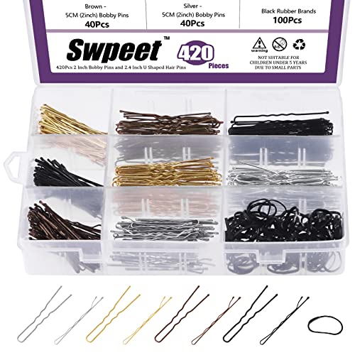 Swpeet 420 Stück 2 Stile 4,8 cm 6,1 cm Schwarz/Gold/Braun/Silber Haarnadeln Bobby Pins mit Gummibändern, inklusive 160 Stück Bobby Pins und 160 Stück U-Haarnadeln Haarspangen für Mädchen und Frauen Swpeet 420 Stück 2 Stile 4,8 cm 6,1 cm Schwarz/Gold/Braun/Silber Haarnadeln Bobby Pins mit Gummibändern, inklusive 160 Stück Bobby Pins und 160 Stück U-Haarnadeln Haarspangen für Mädchen und Frauen von Swpeet