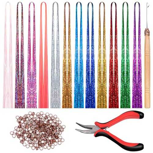 Swpeet Haarverlängerung mit Werkzeug 214Pcs 47" Haar Tinsel Kit Inklusive 12 Mischfarben 2400 Stränge Haar Tinsel 200Pcs Silikon gefüttert Micro Ring Häkelnadel 5" Pinzette für Mädchen Kinder von Swpeet