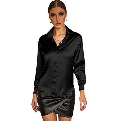 Frühling Herbst Button Down Satin Seide Hemd Vintage Shirt Damen Langarm Lose Shirt, Schwarz-dünn, Large von Swwuyt