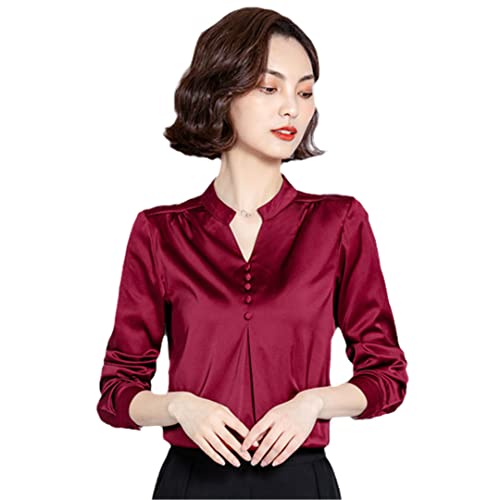 Koreanische Seidenbluse, Satin, Langarm-Top, burgunderfarben, Large von Swwuyt