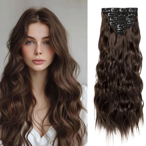 Clip-in-Haarverlängerungen für Damen, lange gewellte, lockige Haarverlängerung, Kunsthaar, dick, mittelbraun, 6 Stück Clip-in-Haarverlängerungen für Damen, lange gewellte, lockige Haarverlängerung, Kunsthaar, dick, mittelbraun, 6 Stück von Swy Hair