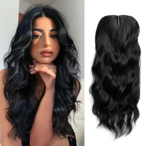 Haaraufsatz mit Spitze vorne, gewellt, große Basisabdeckung, dünner werdendes Haar, Clip-in-Haar-Topper für Damen, Faser-Perücken mit Pony (natürliches Schwarz) von Swy Hair