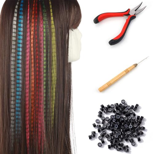 Haarsträhnen für Clip-in-Haarverlängerungen, 50 Stück, Clip-in-Extensions, 100 Perlen, Zange und Hoo für Mädchen und Frauen von Swy Hair