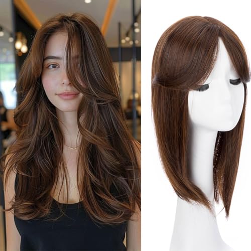 Lace-Front-Haar-Topper, glatt, große Basisabdeckung, dünner werdendes Haar, weiße Haar-Clip-in-Haar-Topper für Frauen, Faser-Perücken mit Pony, Dunkelbraun von Swy Hair