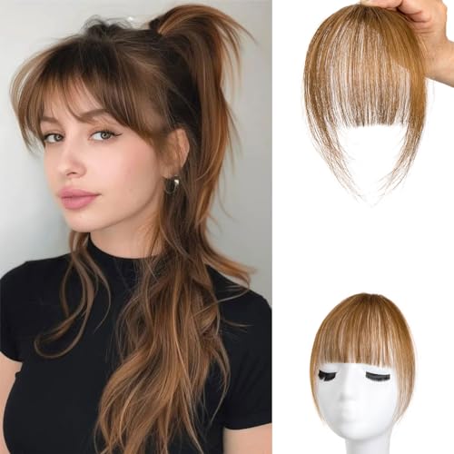Pony-Haarverlängerung zum Anklippen, 100% Echthaar, für Damen, Haarteil, gebogener Pony (A-Light2 Brown2, Wispy Pony) von Swy Hair