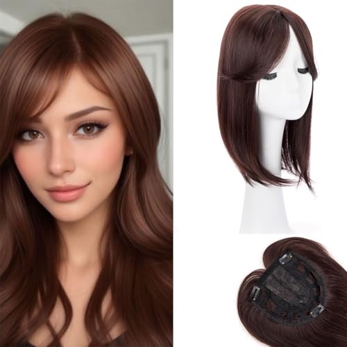 Spitzen-Front-Haar-Topper, glatt, große Basisabdeckung, dünner werdendes Haar, weiße Haar-Clip-in-Haar-Topper für Frauen, Faser-Perücken mit Pony, Hellbraun von Swy Hair
