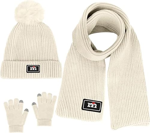 Kinder Bobbie Mütze Schal und Touchscreen-Handschuhe Set, Premium Core Spinngarn Strickwolle Winter Thermik Zubehör Set 3 in 1 für Jungen und Mädchen 2-10 Jahre (Beige) von Swygoo