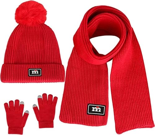 Kinder Bobbie Mütze Schal und Touchscreen-Handschuhe Set, Premium Core Spinngarn Strickwolle Winter Thermik Zubehör Set 3 in 1 für Jungen und Mädchen 2-10 Jahre (Rot) von Swygoo