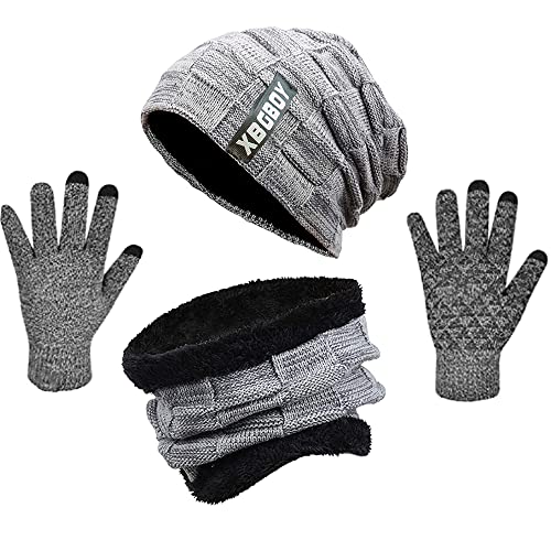 Swygoo Winter Beanie Mütze Schal und Touchscreen Handschuhe Set, Strick-Thermo-Set mit Kuscheligem Fleece-Futter, Slouchy Beanie-Kappe, Nackenwärmer und Handschuhe für Damen und Herren (Hellgrau) von Swygoo