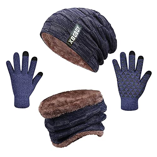 Swygoo Winter Beanie Mütze Schal und Touchscreen Handschuhe Set, Strick-Thermo-Set mit Kuscheligem Fleece-Futter, Slouchy Beanie-Kappe, Nackenwärmer und Handschuhe für Damen und Herren (Dunkelblau) von Swygoo