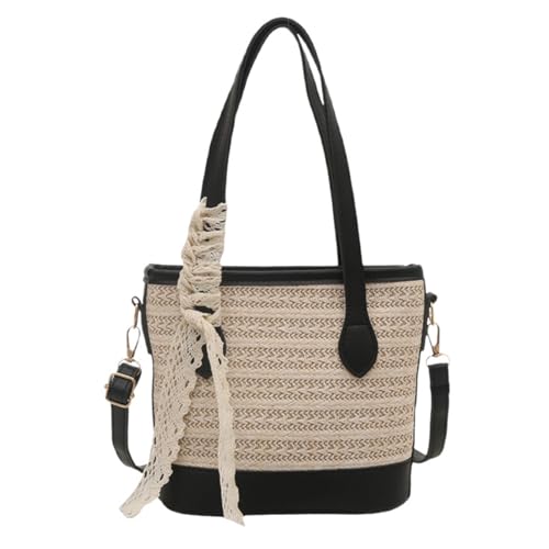 Damen-Umhängetasche, großes Fassungsvermögen, modische Strandtasche, schöne Kuriertasche, Stroh, Eimertasche, Schwarz von Sxett