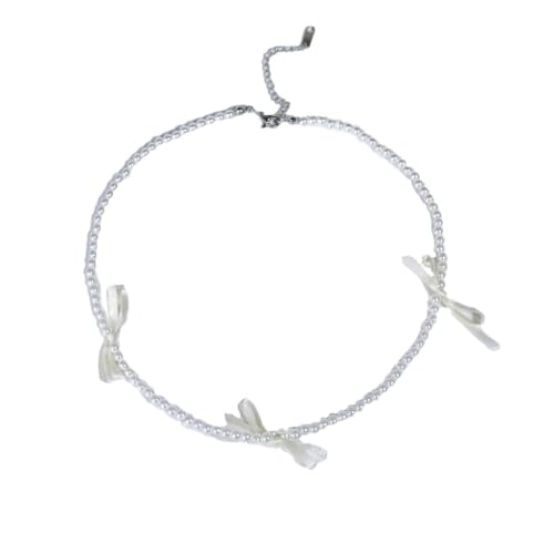 Elegante Halskette mit Perlen und Schleife, modisches Halsband, Schlüsselbeinkette, Perlen-Choker, Statement-Schmuck für Hochzeit, Party, Wie beschrieben von Sxett