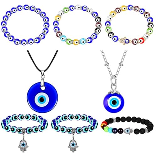 Schmuck-Set mit blauem Auge und Glasanhänger, Perlenschmuck-Set für diejenigen, die kulturelle Symbole und Accessoires schätzen, verstellbare Länge Halskette Schmuck-Set mit blauem Auge und Glasanhänger, Perlenschmuck-Set für diejenigen, die kulturelle Symbole und Accessoires schätzen, verstellbare Länge Halskette von Sxett