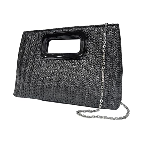 Stroh-Clutches mit Tragegriff für Damen, Abend-Clutch, Geldbörse, Stroh, Schultertasche, Umhängetasche, Sommer, Strand, B, Schwarz von Sxett