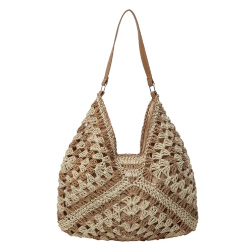 Sxett Damen-Schultertasche aus Stroh, handgewebt, Handtasche, gestrickt, Hobo-Tasche, modische Strandtasche, Urlaubstasche für Reisen, khaki von Sxett